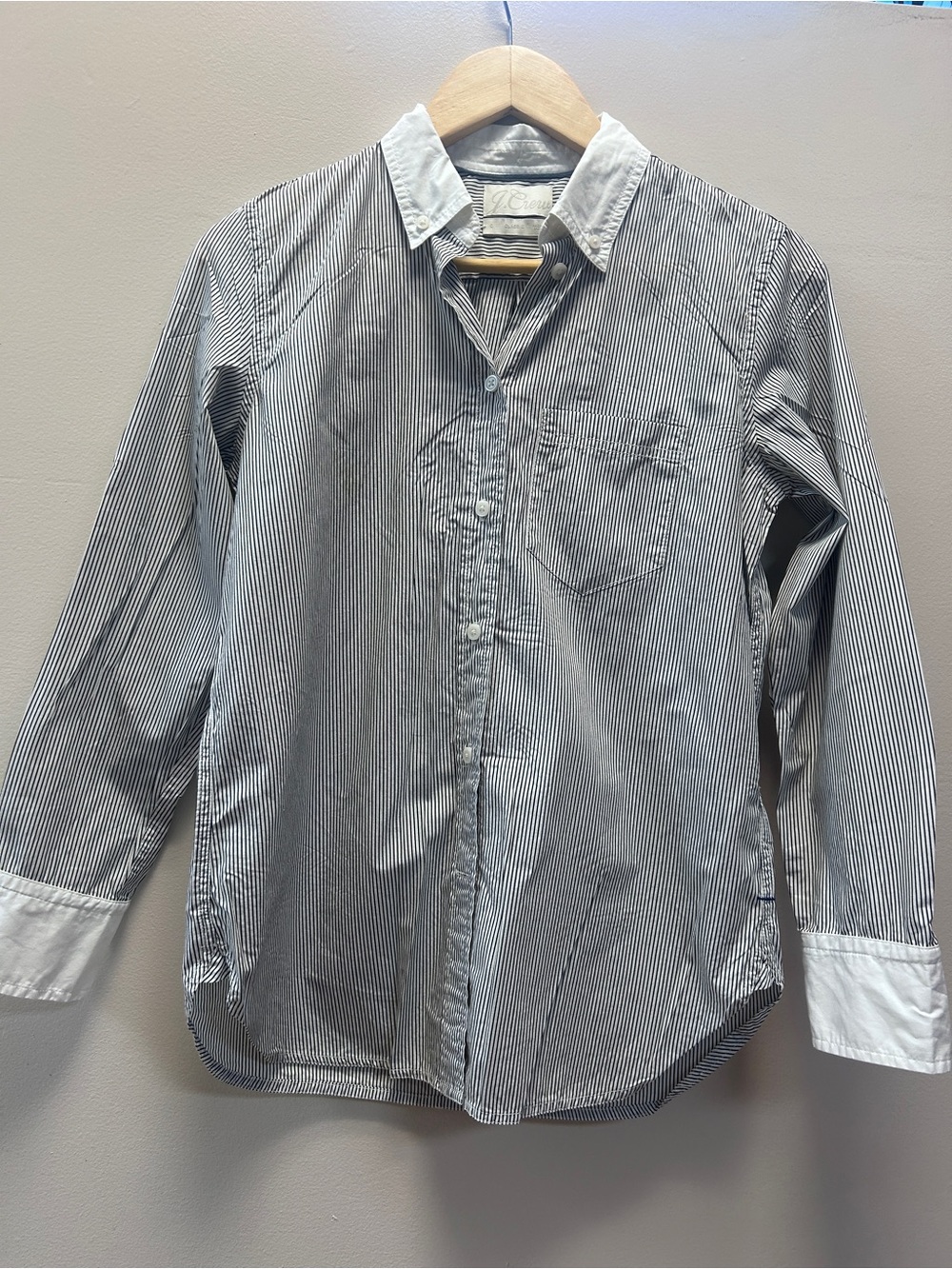 J. Crew Women’s Navy and White Striped Button-Down Shirt with White Collar